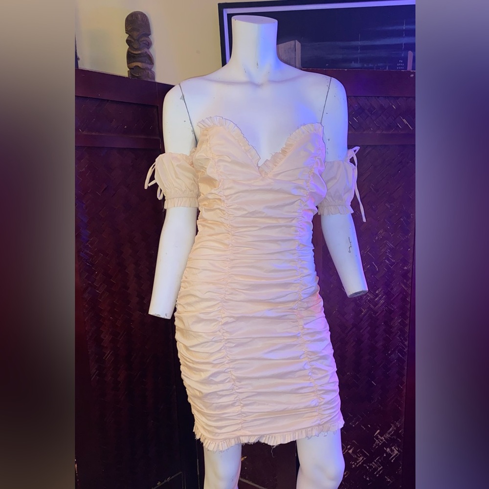 Ladies Coquette ruched Lolita mini beige ruffle cocktail dress quaint chic - Picture 1 of 12